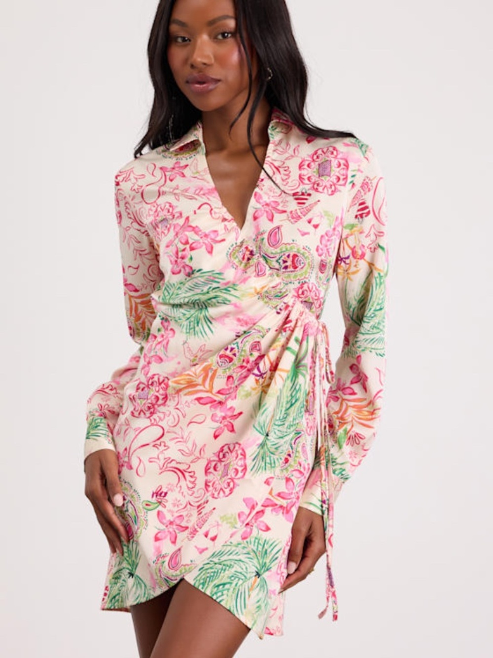 Lulus Darine Ivory Multi Boho Print Wrap Mini Dress White - Size M